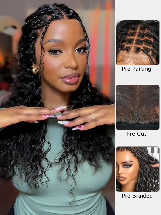 Knotless Boho Braided Water Wave Wig Glueless Pre-Cut Lace Human Hair Braided Wigs For Women - KissLove Hair