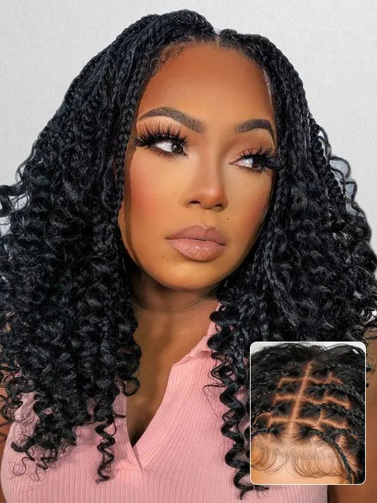 Knotless Boho Braided Water Wave Wig Glueless Pre-Cut Lace Human Hair Braided Wigs For Women - KissLove Hair