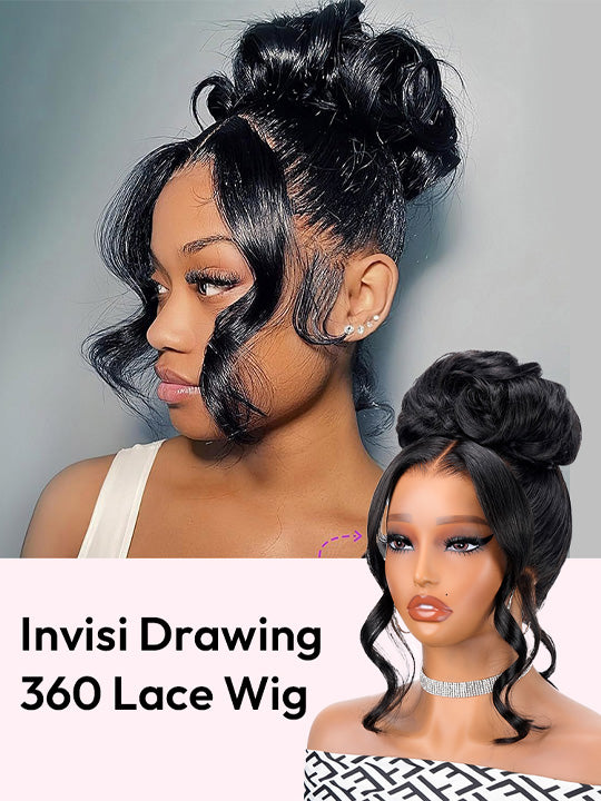 KissLove Pre Styled Flexible Fit Invisi-Drawstring 360 Lace Wig Body Wave High Bun Style Wig with Bangs - KissLove Hair