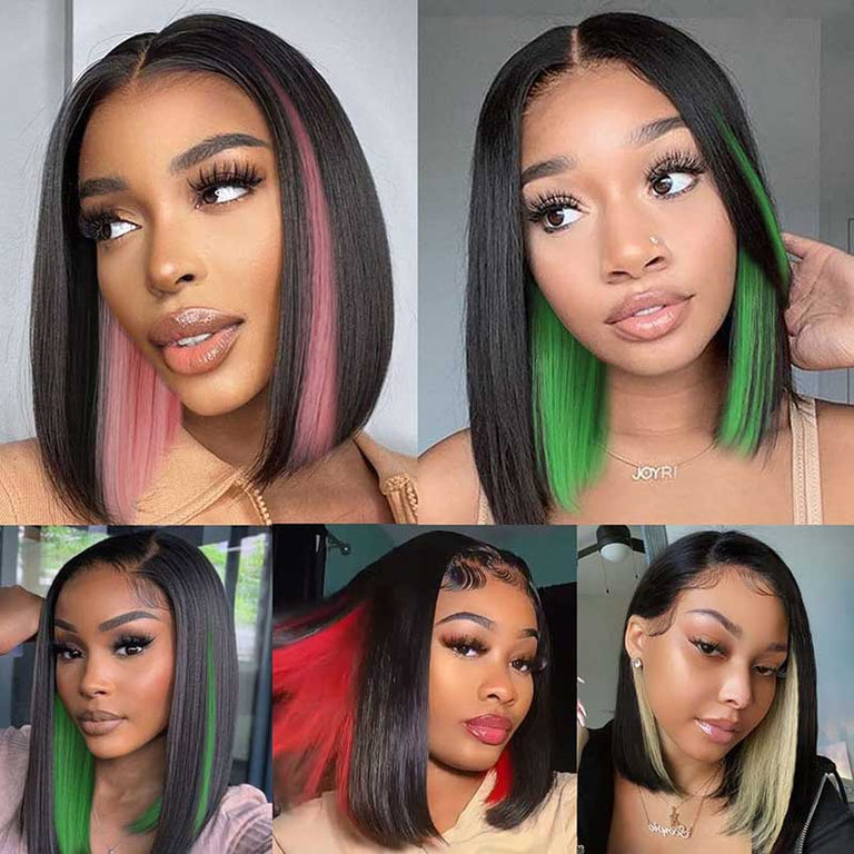 Peekboo Pink Highlight Wig Hidden Color Short Bob Silk 13x4 Transprant Lace Front Wig - KissLove Hair