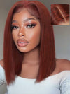 Reddish Brown Light Yaki Straight Short Bob Wig Silk Press Yaki Straight Pull Go Drawstring Wig