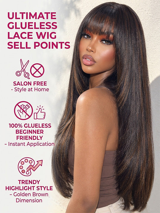 Pre-Styled Layered Straight Wig with Wispy Bangs – 100% Glueless Beginner Friendly Face-Framing Highlighted Wig