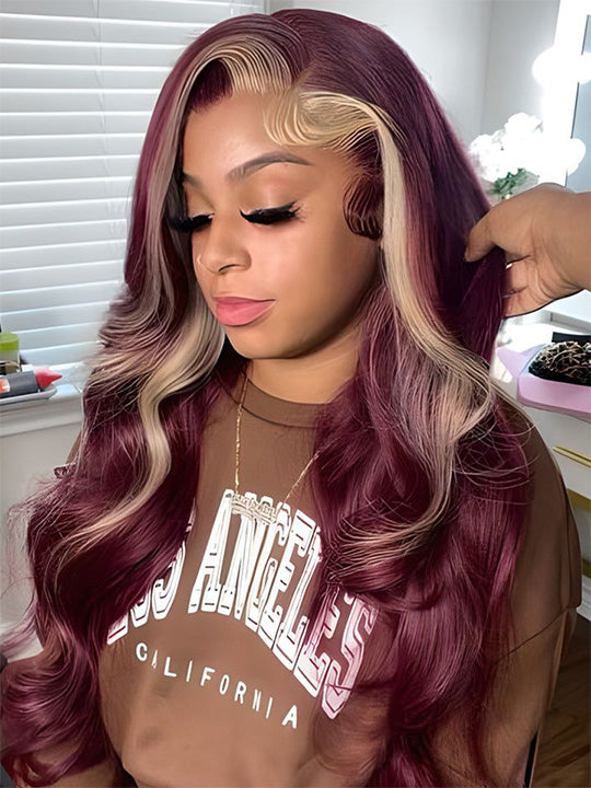 Red Hair With Blonde Skunk Stripe Wig Highlights Hair 3D Body Wave 13x4 Lace Wigs - KissLove Hair