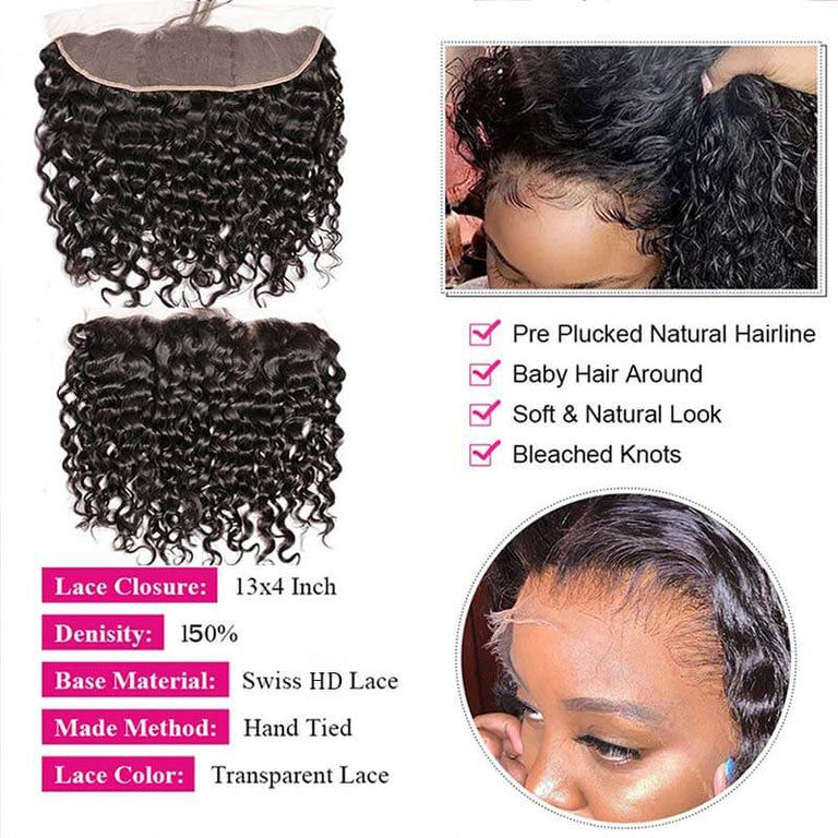 Water Wave 3 Bundles with 13*4 HD Lace Frontal 10A Brazilian Human Hair Weave - KissLove Hair
