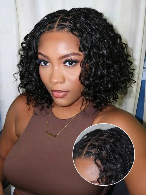 Knotless Boho Braided Water Wave Wig Glueless Pre-Cut Lace Human Hair Braided Wigs For Women