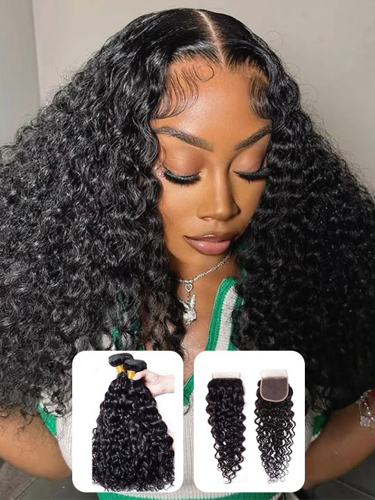 Water Wave 3 Bundles With 4*4 Lace Closure 10A Brazilian Human Hair Weave - KissLove Hair