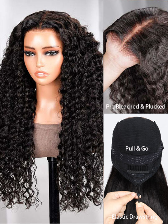 13x6 HD Lace Front Wig Water Wave Pull & Go Drawstring Glueless Wigs Pre Bleached Knots - KissLove Hair