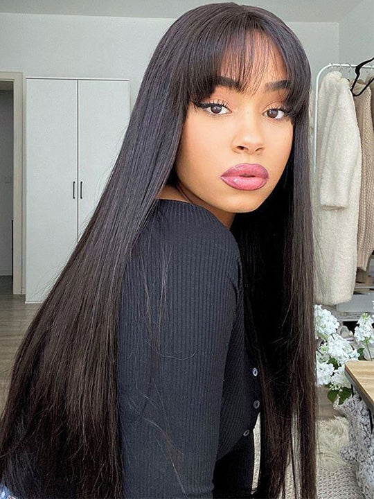 BOGO : Perruques brésiliennes droites de cheveux humains avec frange, sans colle, entièrement fabriquées à la machine