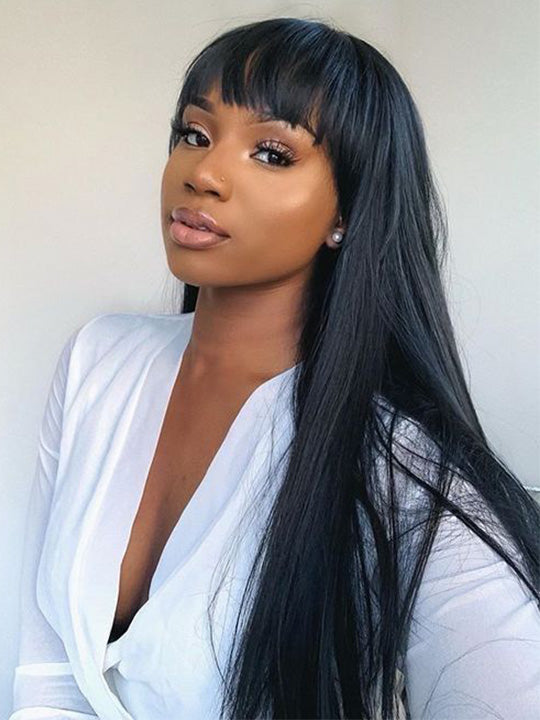 BOGO: Brazilian Straight Human Hair Wigs With Bangs Glueless Full Machine Made Wigs - KissLove Hair