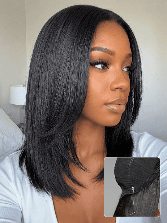 Kisslove Hair 300% Density 7x5 Bye Bye Knots Layered Yaki Straight Short Bob Wig Invisi Drawstring Glueless Bob Wigs