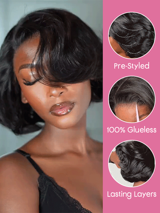 Pre Layered Yaki Straight Pixie Cut Bob Wig 6x4.5 Glueless Honey Blonde Highlight Short Bob Wigs