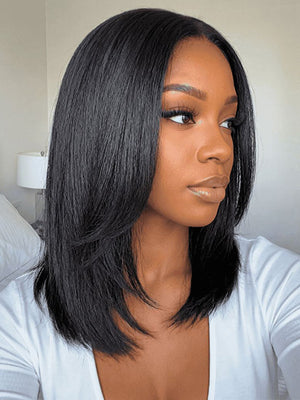 BOGO Pre Layered Face Framing Yaki Straight Short Bob Lace Wig - Kisslove Hair