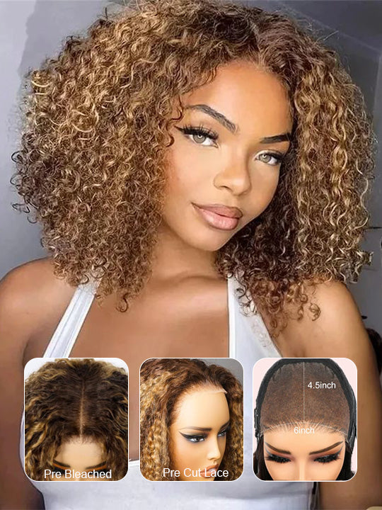 Brown highlights curly Lacefront Bob Wig ask if available Amazon.com : Highlight Blonde Brown Lace Frontal Wig Curly  main image 2