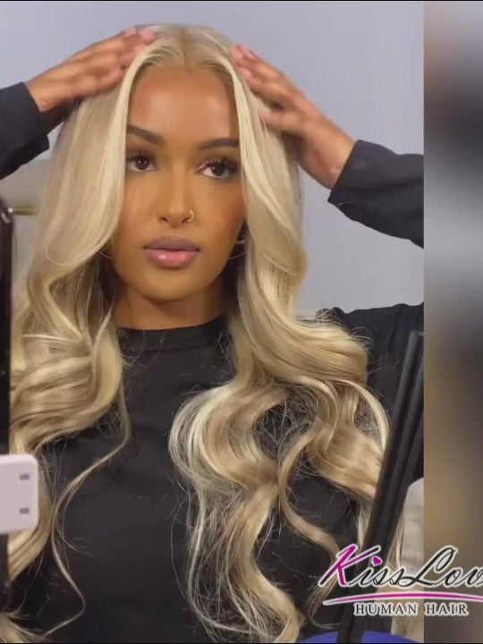 Balayage blond sur perruques brunes de vague de corps 5x5 HD cheveux humains en dentelle transparente