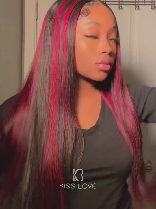 Full 13x6 Lace Frontal Wig Red Highlights Straight Virgin Human Hair Wigs