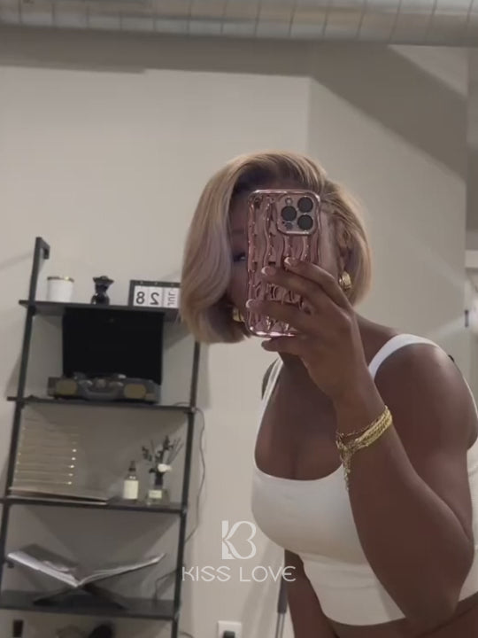 [Wear & Go] Ash Blonde with Dark Root Straight Bob Wig 13x4 Transparnt Lace Glueless Wig