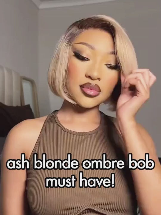 [2 Bob Wigs]Yaki Straight + 13x4 Lace Frontal Dark Roots Ash Blonde Bob Wig