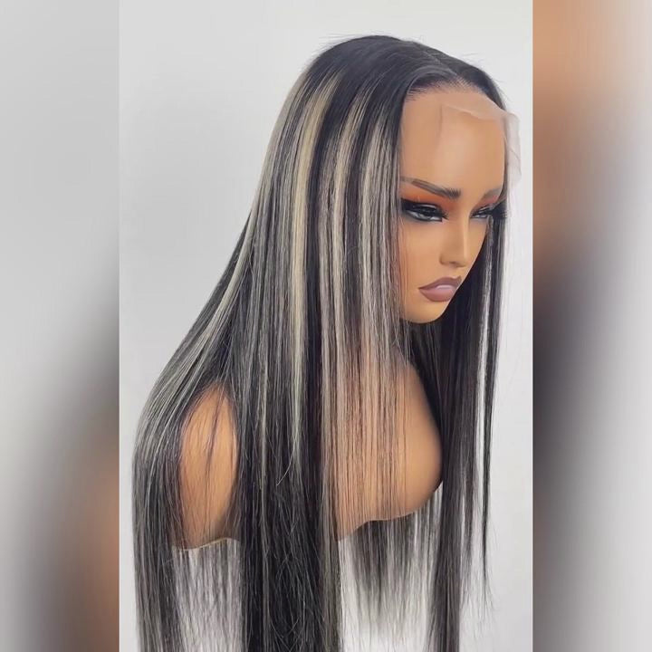 Platinum met en évidence la couleur mélangée droite 13 * 4 perruques de cheveux humains avant de dentelle HD transparente
