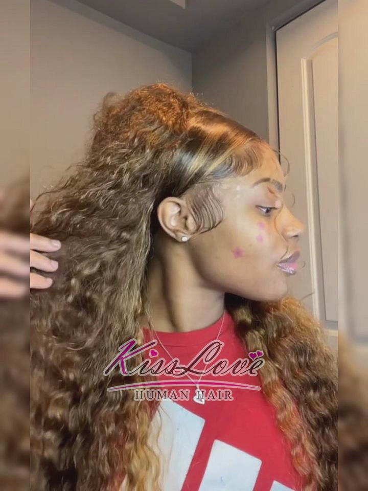 Perruque Lace Frontal Wig Deep Wave complète 13x6, perruques de cheveux humains vierges à reflets