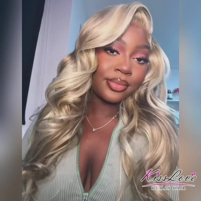 Kisslove Blonde Balayage On Warm Brown 3D Body Wave 360 Lace Wigs Invisi Drawstring Cap Hat Wig