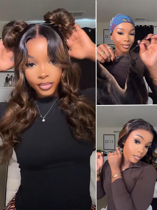 Kisslove Pre Everything Brown Bayalage Highlights 3D Body Wave Wig Pull Go Drawstring Wig