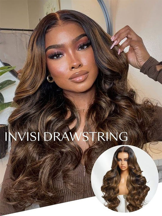 Kisslove Pre Everything Brown Bayalage Highlights 3D Body Wave Wig Pull Go Drawstring Wig