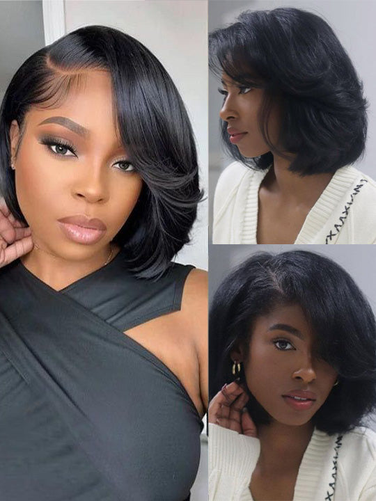 Pre Layered Yaki Straight Pixie Cut Bob Wig 6x4.5 Glueless Honey Blonde Highlight Short Bob Wigs