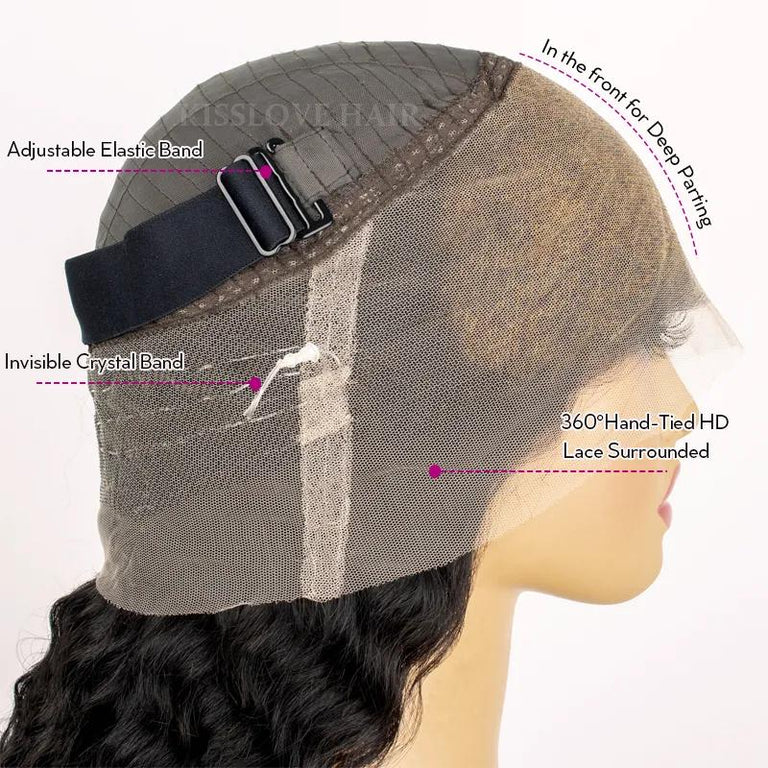 upgrade 360 lace wig cap pre-bleached knots, pre-plucked hairline with invisible crystal stripe and elastic band - kisslove hair