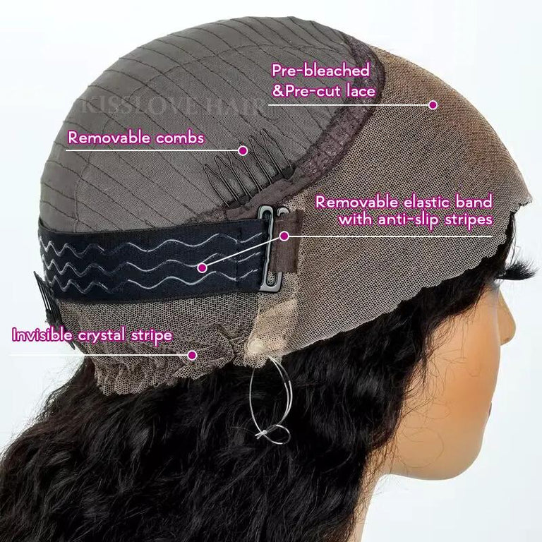 upgrade 360 lace wig cap pre-bleached knots, pre-plucked hairline, pre-cut lace with elastic band and invisible crystal stripe - kisslove hair