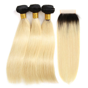 1B/613 Blonde Hair Bundles With Closure 10A Brazilian Straight Virgin Hair