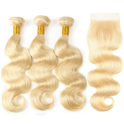 613 Blond Body Wave 3 Bundles With Closure 10A Brazilian Virgin Hair 