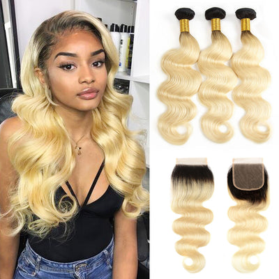 1b/613 Honey Blonde Human Hair 3 Bundles With Closure Body Wave