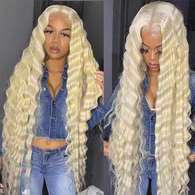 613 Blonde Crimped Hair Lace Front Human Hair Wigs Loose Deep Wave