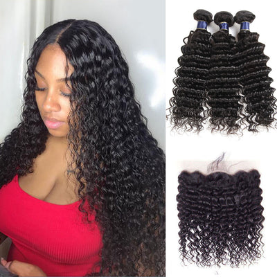 Deep Wave 3 Bundles With 13x4 Lace Frontal Brazilian Human Hair Weave