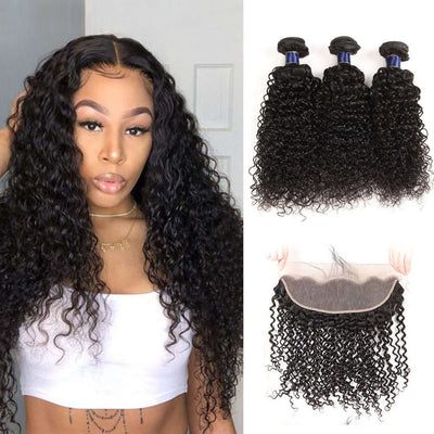 Jerry Curly Brazlian Human Hair 3 Bundles With 13*4 Lace Frontal Closure