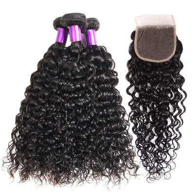 4x4 Lace Closure With Bundles Water Wave Brazilian Virgin Hair Weave