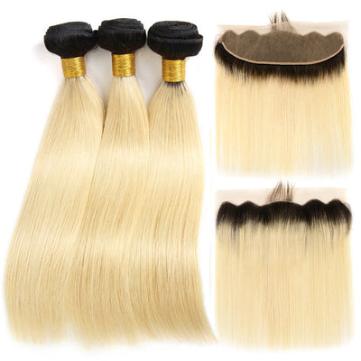 1b/613 Ombre Blonde Hair 3 Bundles With 4*13 Lace Frontal 10A Brazilian Straight Hair - KissLove Hair