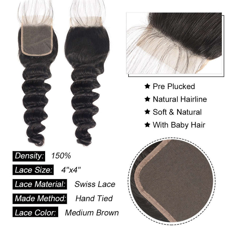 4*4 Lace Closure With Bundles Loose Deep Wave Brazilian Hair Weave