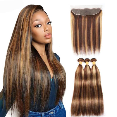 P4/27 Highlights Bundles With Frontal 12A Brazilian Straight Virgin Human Hair - KissLove Hair