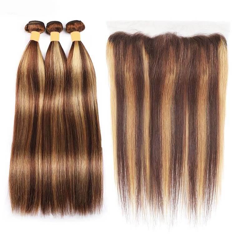 P4/27 Highlights Bundles With Frontal 12A Brazilian Straight Virgin Human Hair - KissLove Hair
