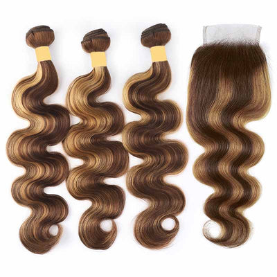 P4/27 Highlight Body Wave Human Hair 3 Bundles With Closure 9A Brazilian Hair - KissLove Hair