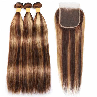 P4/27 Highlight Straight Human Hair 3 Bundles With Closure 9A Brazilian Hair - KissLove Hair