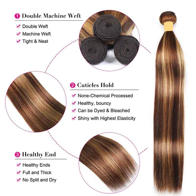 P4/27 Highlights Bundles With Frontal 12A Brazilian Straight Virgin Human Hair - KissLove Hair