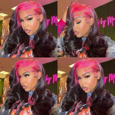 Pink/Green Root Highlights Body Wave Human Hair 13*4 Transparent HD Lace Wigs - KissLove Hair