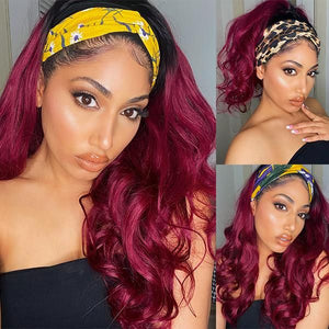 Burgundy Hair Headband Wig With Black Roots Body Wave Human Hair Wigs