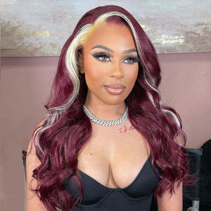 99J Burgundy Hair With Blonde Skunk Stripe Hair Highlight Wig 3D Body Wave 13x4 Lace Wigs - KissLove Hair
