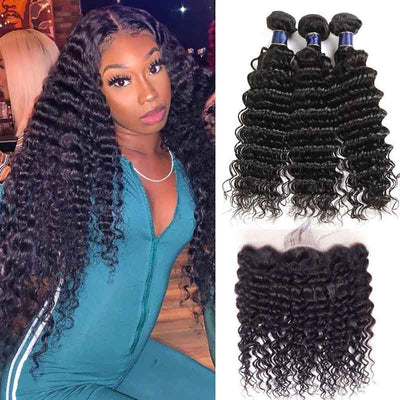 13x4 HD Lace Frontal With Bundles Deep Wave 12A Brazilian Virgin Hair Weave - KissLove Hair