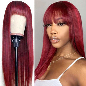 99J Burgundy Human Hair Wig With Bangs Straight Hair Machine Made Wigs