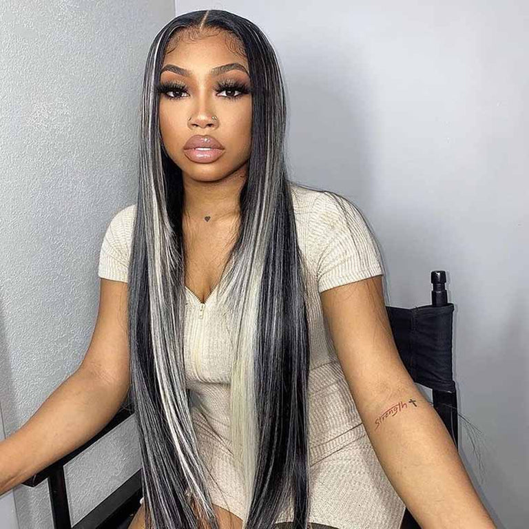 Platinum Highlights Straight Mixed Color 13*4 Transparent HD Lace Front Human Hair Wigs - KissLove Hair