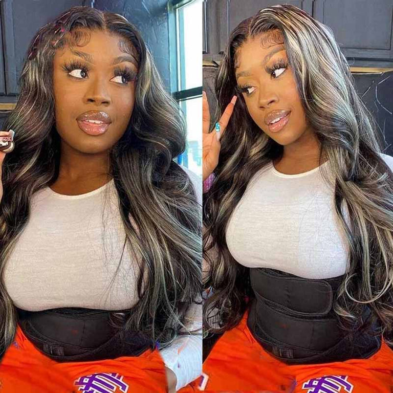 Platinum Highlights Straight Mixed Color 13*4 Transparent HD Lace Front Human Hair Wigs - KissLove Hair